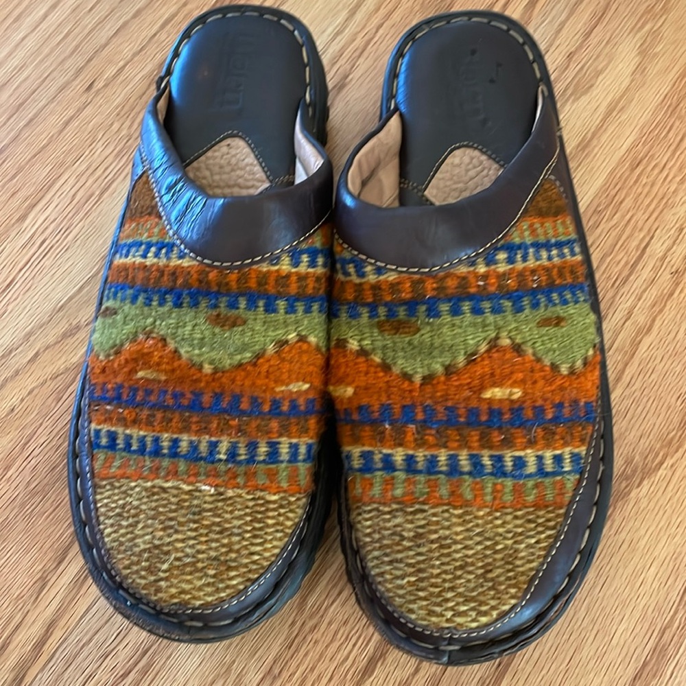 Born wool and leather mules. Still have lots of life in them. Great fall shoe.